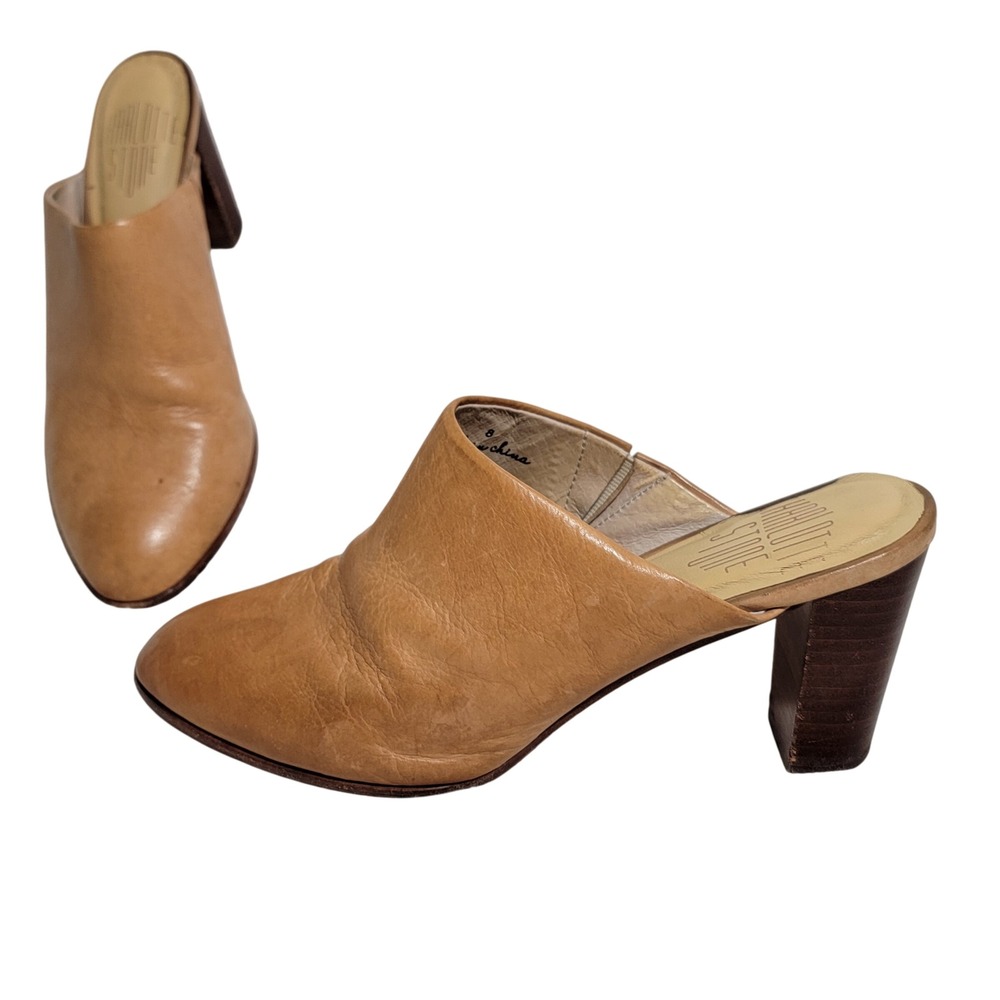Charlotte Stone Luna Tan Leather Pointed Toe Block Heel Mules Size 8‎